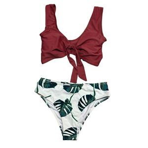 Shein Rust White and Green Leaf Bikini Size Medium